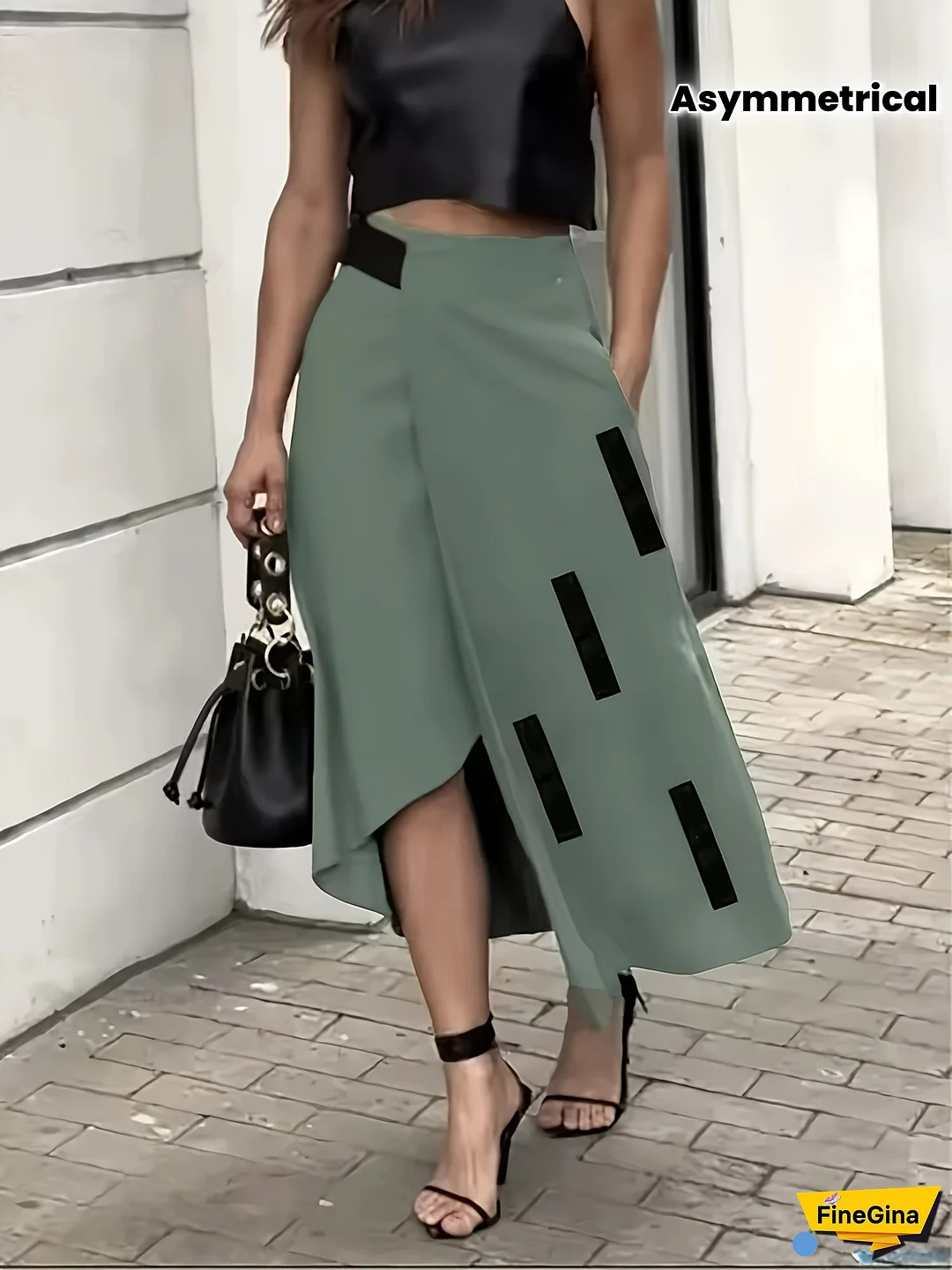 Women's High-Waisted Asymmetrical Hem Skirt - Olive Green, Casual Split Design with Pockets, Machine Washable, Spring/Summer Fashion Essential