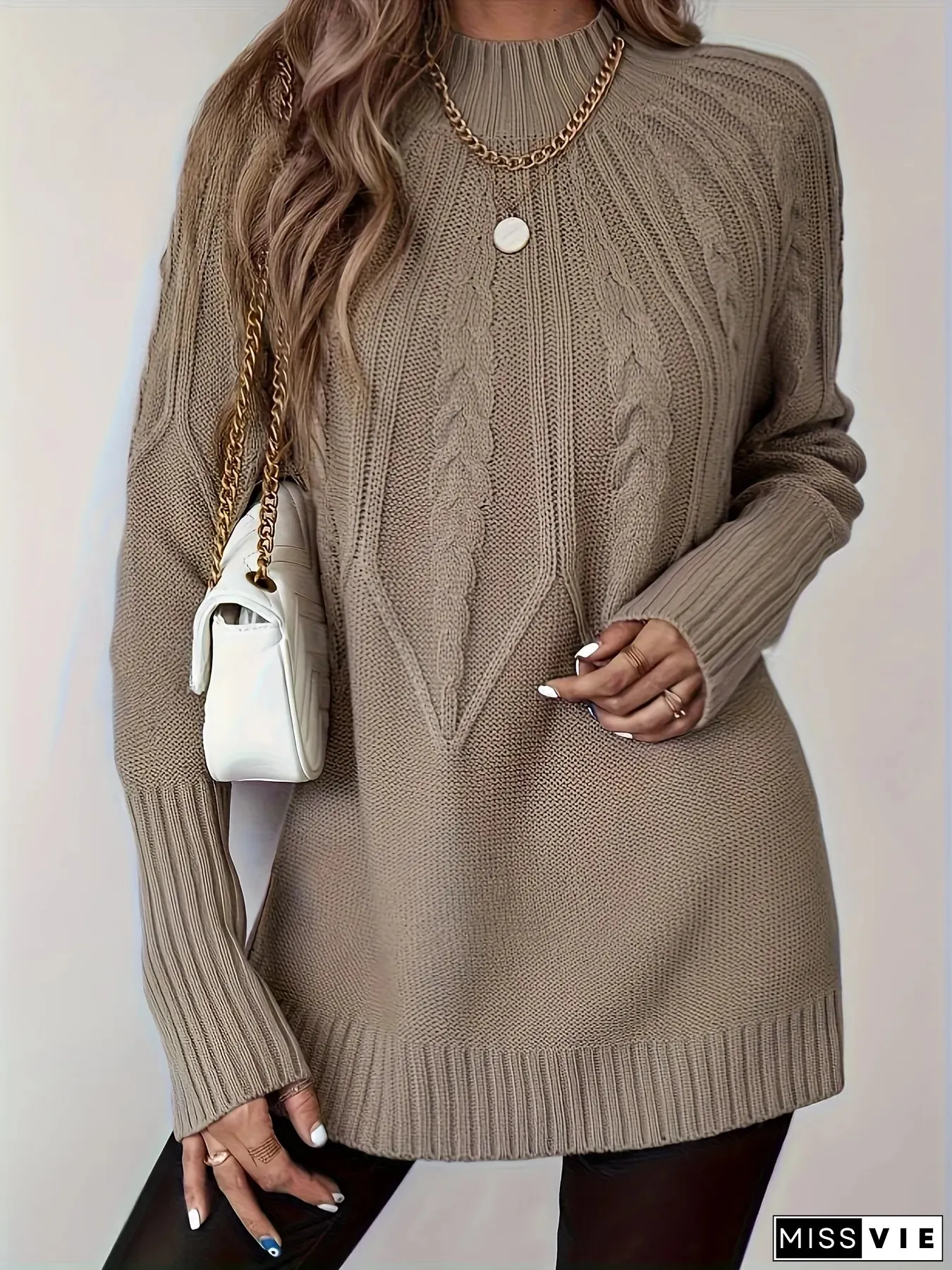 Elegant Beige Pullover Sweater for Women Chic Long Sleeve Triangular Neckline Casual