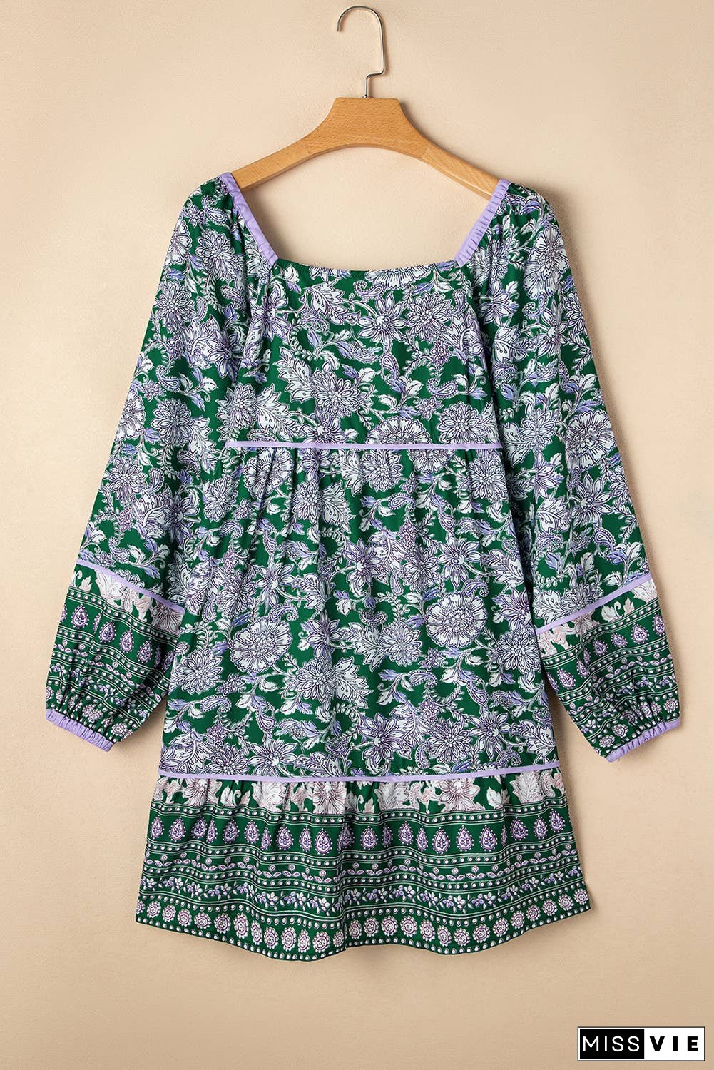 Floral Piping Trim Bubble Sleeve Square Neck Dress (S-XL)