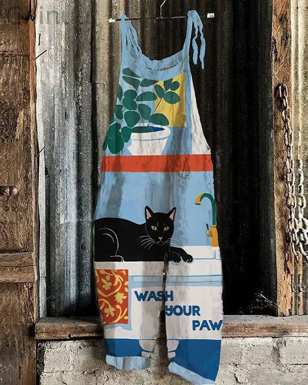 Women's Wash Your Paws Cat Print Casual Jumpsuit