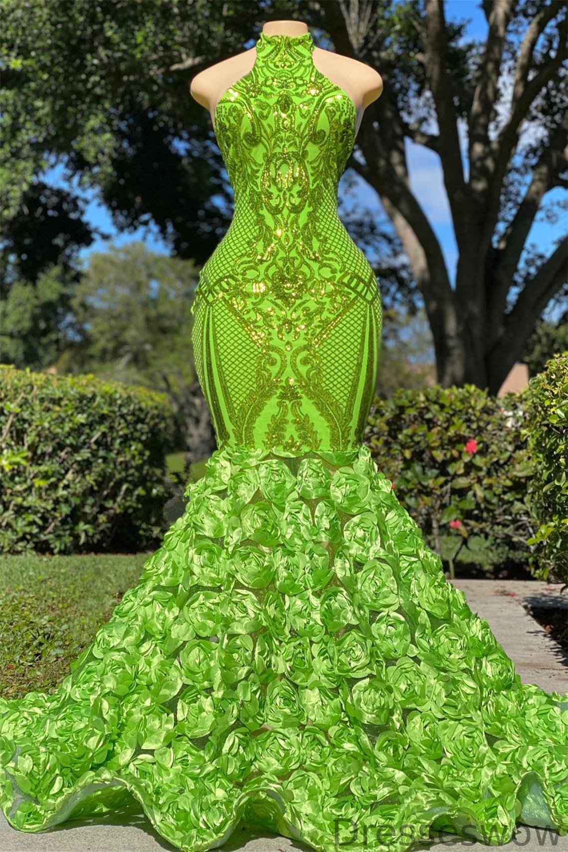 Dresseswow High Neck Sleeveless Prom Dress Mermaid Green With Rose Bottom Sequins