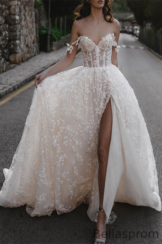 Bellasprom Off-the-Shoulder Sweetheart Champagne Wedding Dress Slit With Lace Appliques Bellasprom