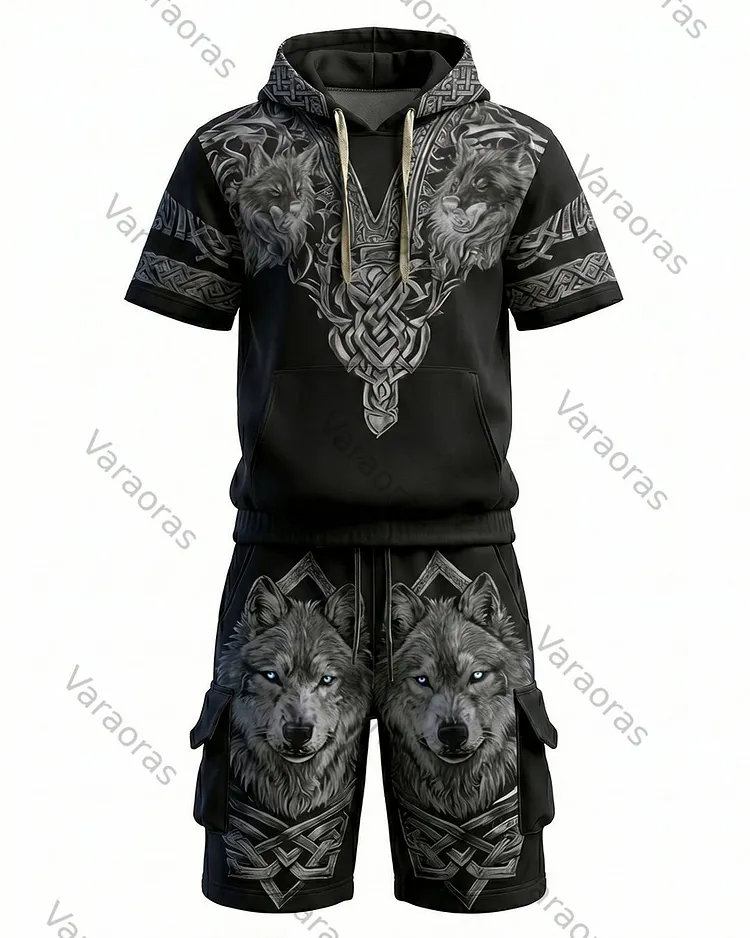 Men's Viking Contrast Color Wolf Embroidered Short-Sleeve Hoodie & Shorts Two-Piece Set 6839