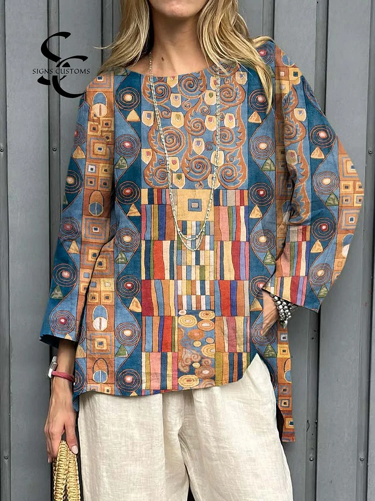 Women's Abstract Geometric Pattern Art Print Casual Cotton Linen Shirt