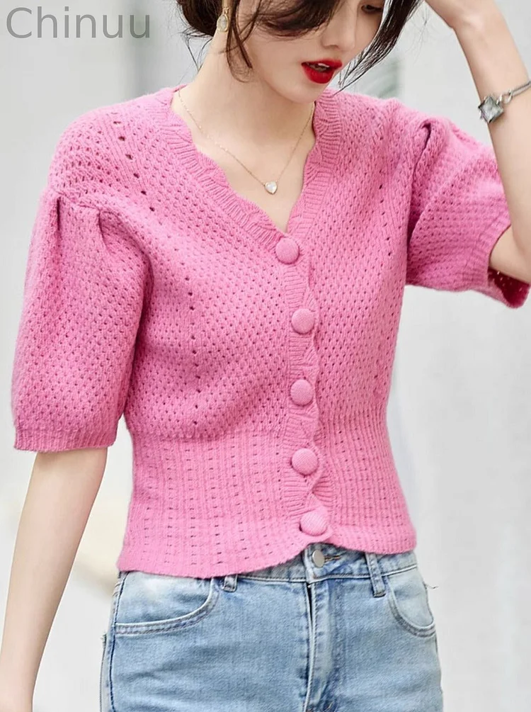 Puff Sleeve V-neck Pink Sweater