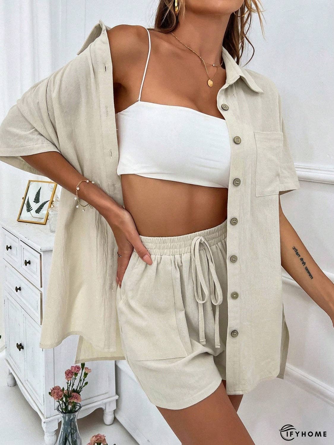 Button Up Half Sleeve Top and Shorts Set | IFYHOME