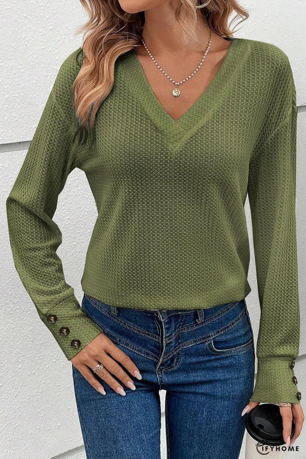 Textured Knit V Neck Button Cuffs Top | IFYHOME