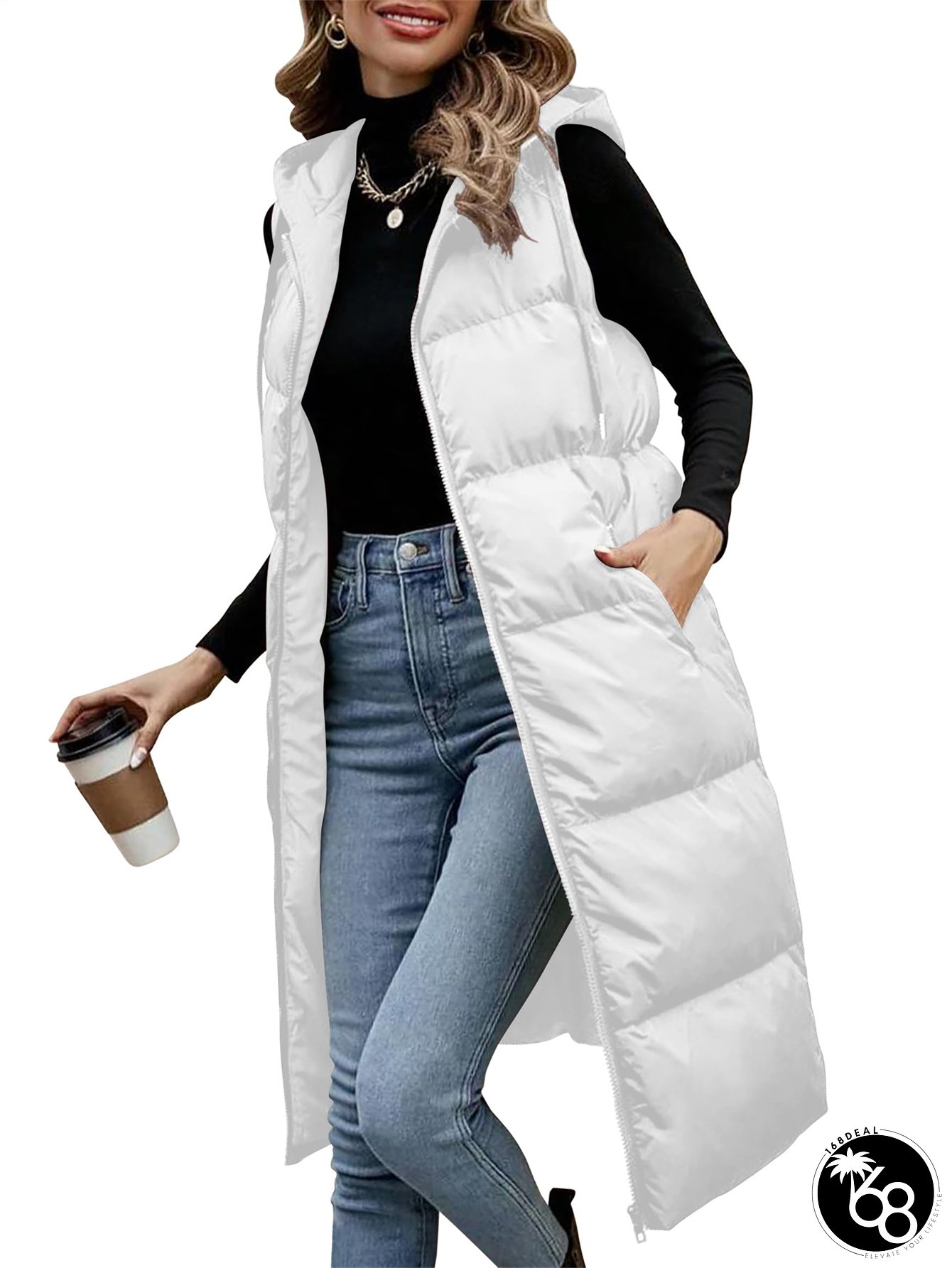 Womens Elegant White Quilted Hooded Puffer Vest Full-Zip Long Jacket with Pockets Winter | 168DEAL