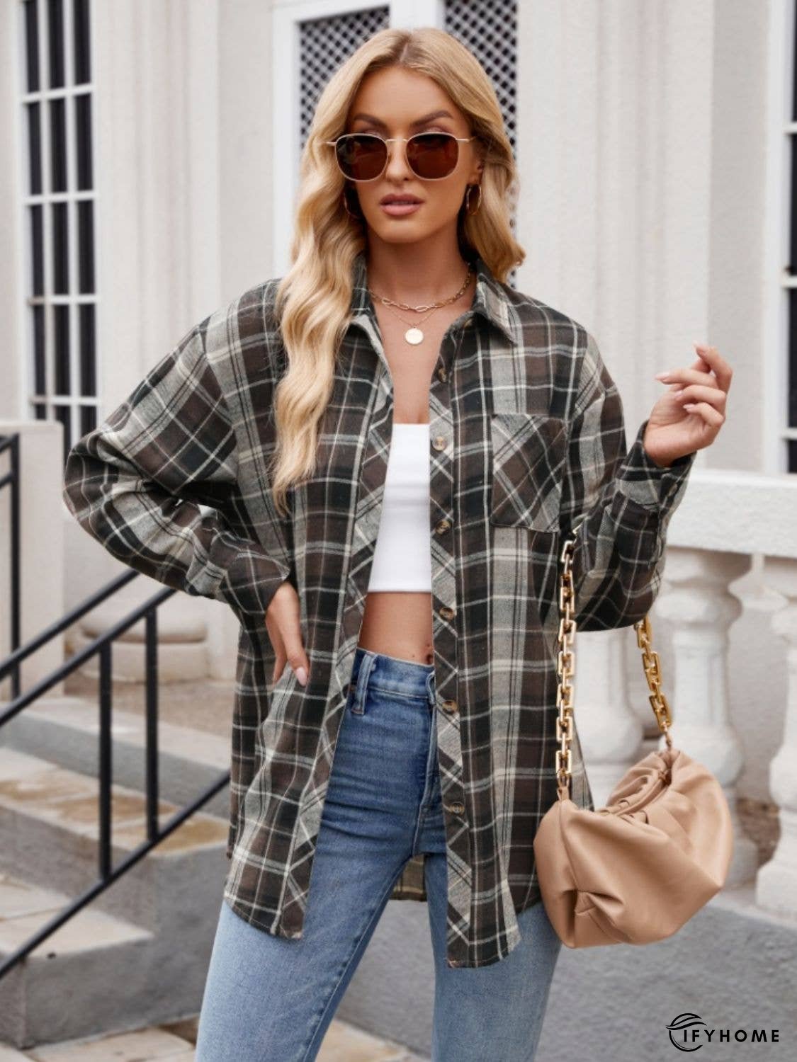 Pocketed Plaid Collared Neck Long Sleeve Shirt | IFYHOME