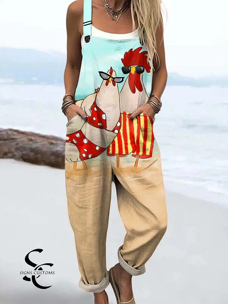 Women's Funny Chicken Pattern Art Print Casual 100% Cotton Wide Leg Jumpsuit