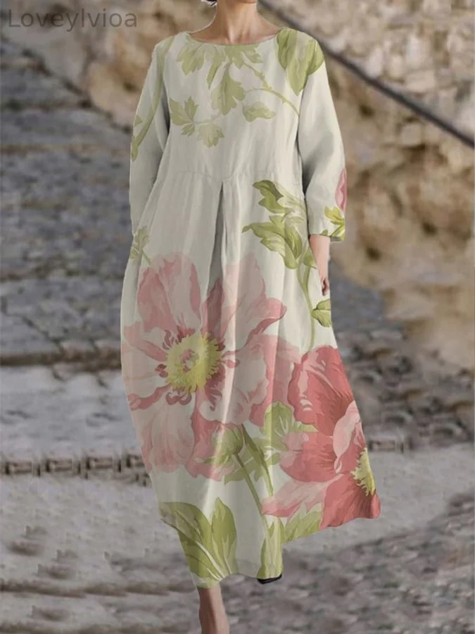 Ladies Botanical Floral Design Casual Loose Dress