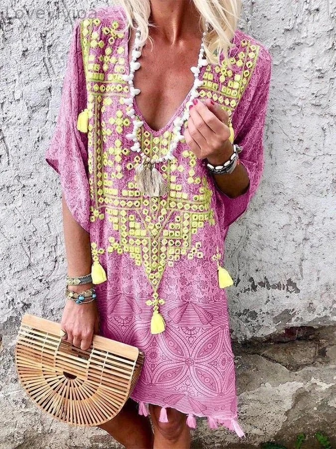 Women's Comfortable And Casual Fringed Design V-Neck Dress