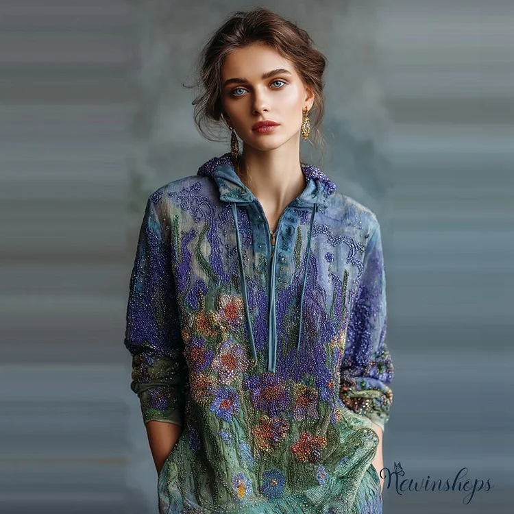 Women's Oil Painting Floral Contrast Color Sequined Zipper Hoodie