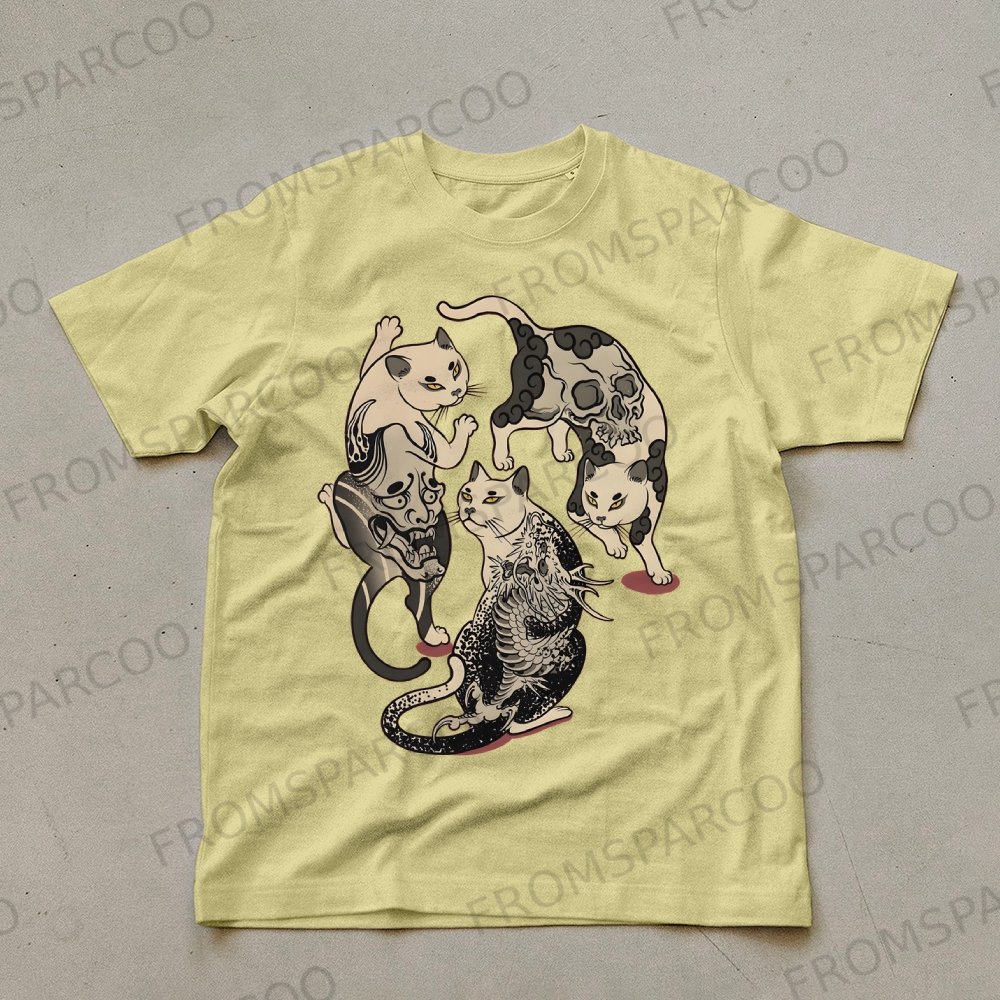 Three Scary Tattoo Cats Unisex Prints T-Shirt
