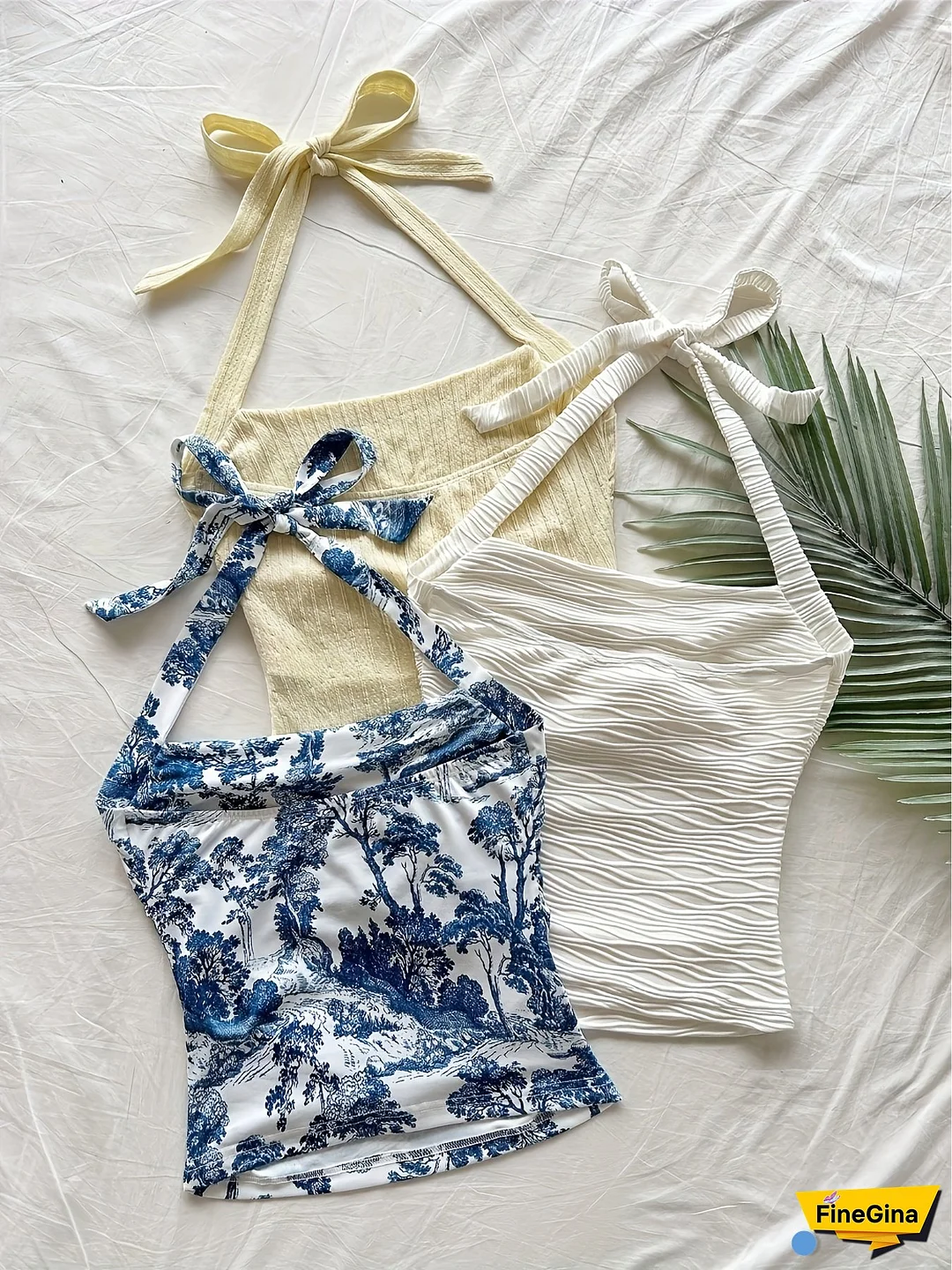 Y2K Style Blue & White Tropical Floral Print Off-Shoulder Top - Semi-Sheer Cropped Tank with Bow Detail, Machine Washable Casual Summer Beachwear