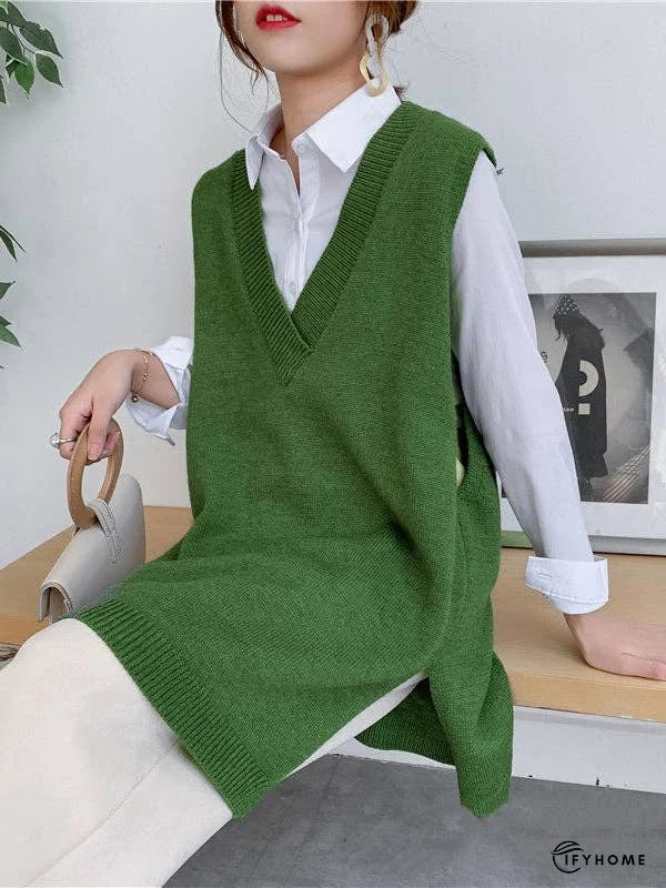 Trendy Sleeveless Split-Side Solid Color V-Neck Knitted Vest | IFYHOME