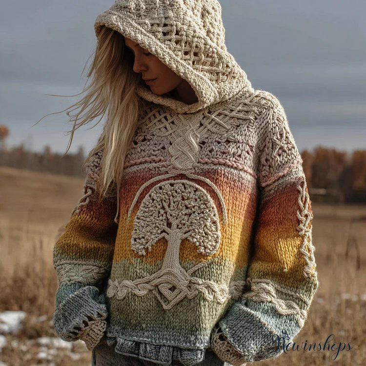 Viking Boho Life Of Tree Jacquard Gradient Art Chunky Knitted Cozy Hooded Sweater