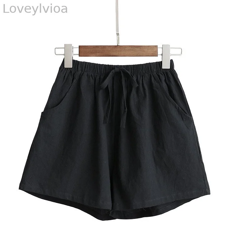 Women's Elastic Waist Pocket Linen Casual Short Pants