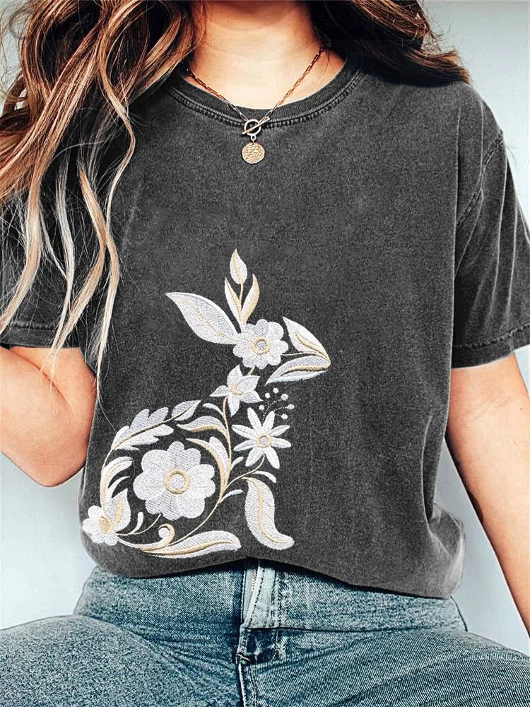 Flower Bunny Embroidery Pattern Casual T-Shirt