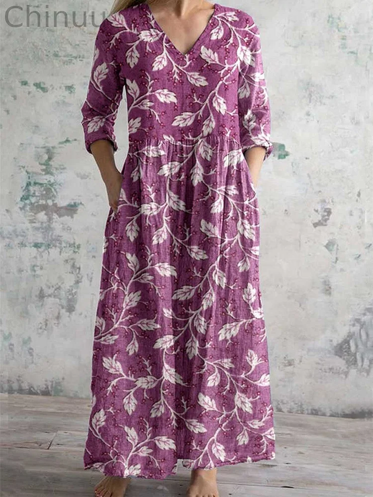 Women's Elegant Simple Decorative Floral Pattern Cotton And Linen Dress With Pockets