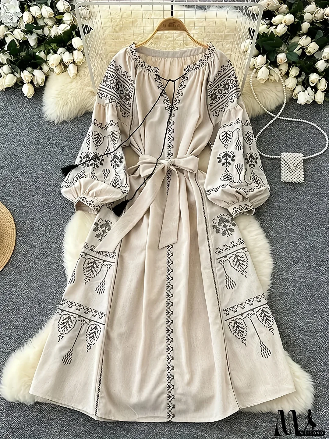 Bohemian Vintage Ethnic Style Dress For Women, New Spring And Autumn Printed Lantern Sleeves Waist Long Dress