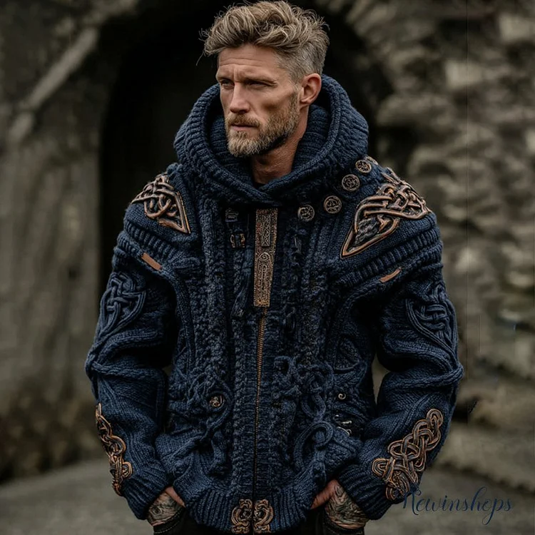 Men's Vintage Viking Art Jacquard Knitted Cozy Hooded Sweater