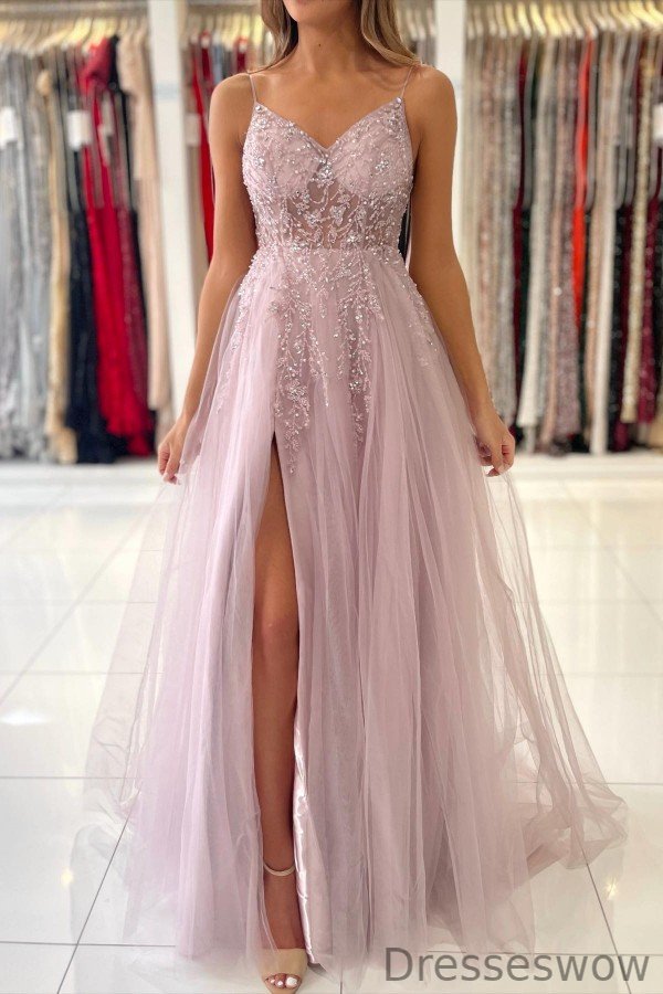 Dresseswow Spaghetti-Straps Sleeveless Prom Dress Long With Beads Tulle Split