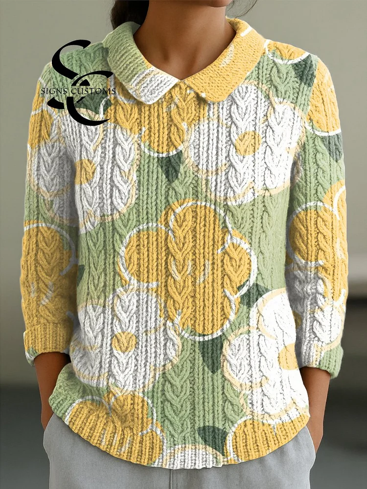 Women's Cute Large Flower Painting Art Print Casual Peter Pan Collar 3/4 Sleeve Sweater