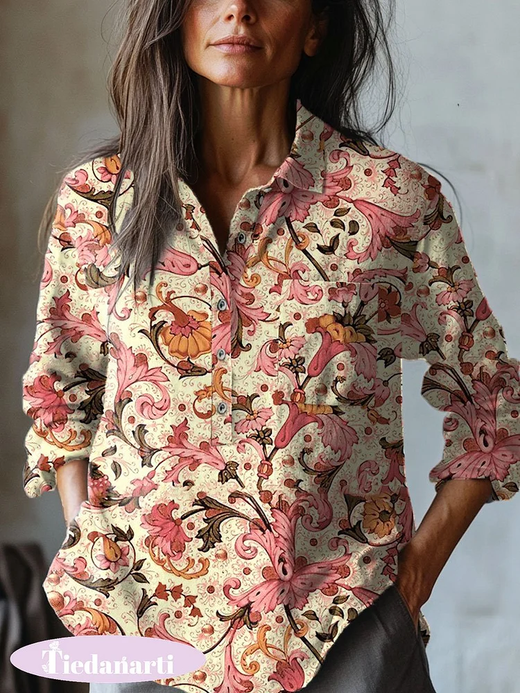 Women's   Floral  Art Print Casual Cotton And Linen Shirt