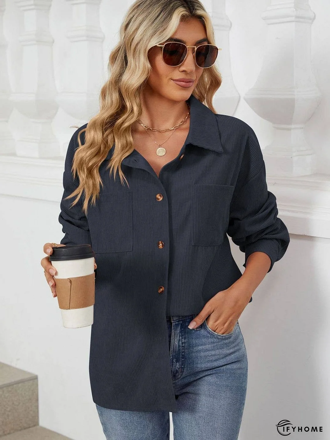 Button Up Dropped Shoulder Long Sleeve Outerwear | IFYHOME