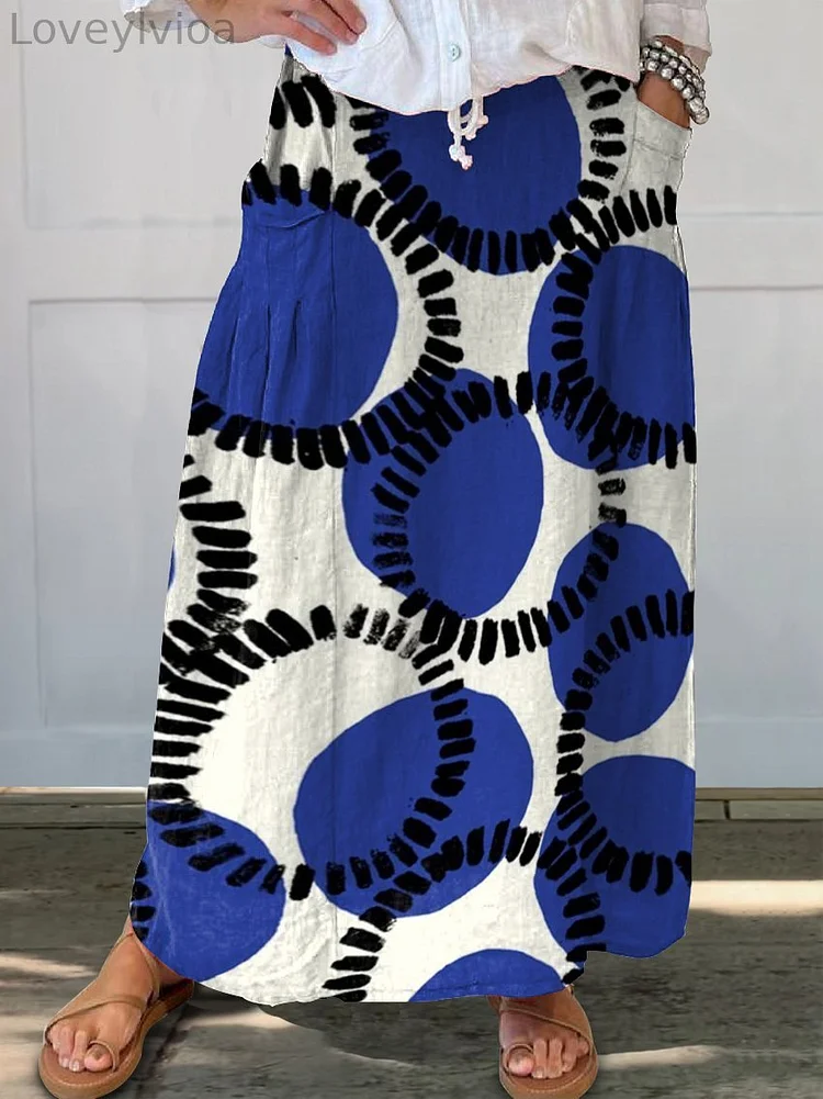 Blue Polka Dot Print Women's Linen Pocket Skirt