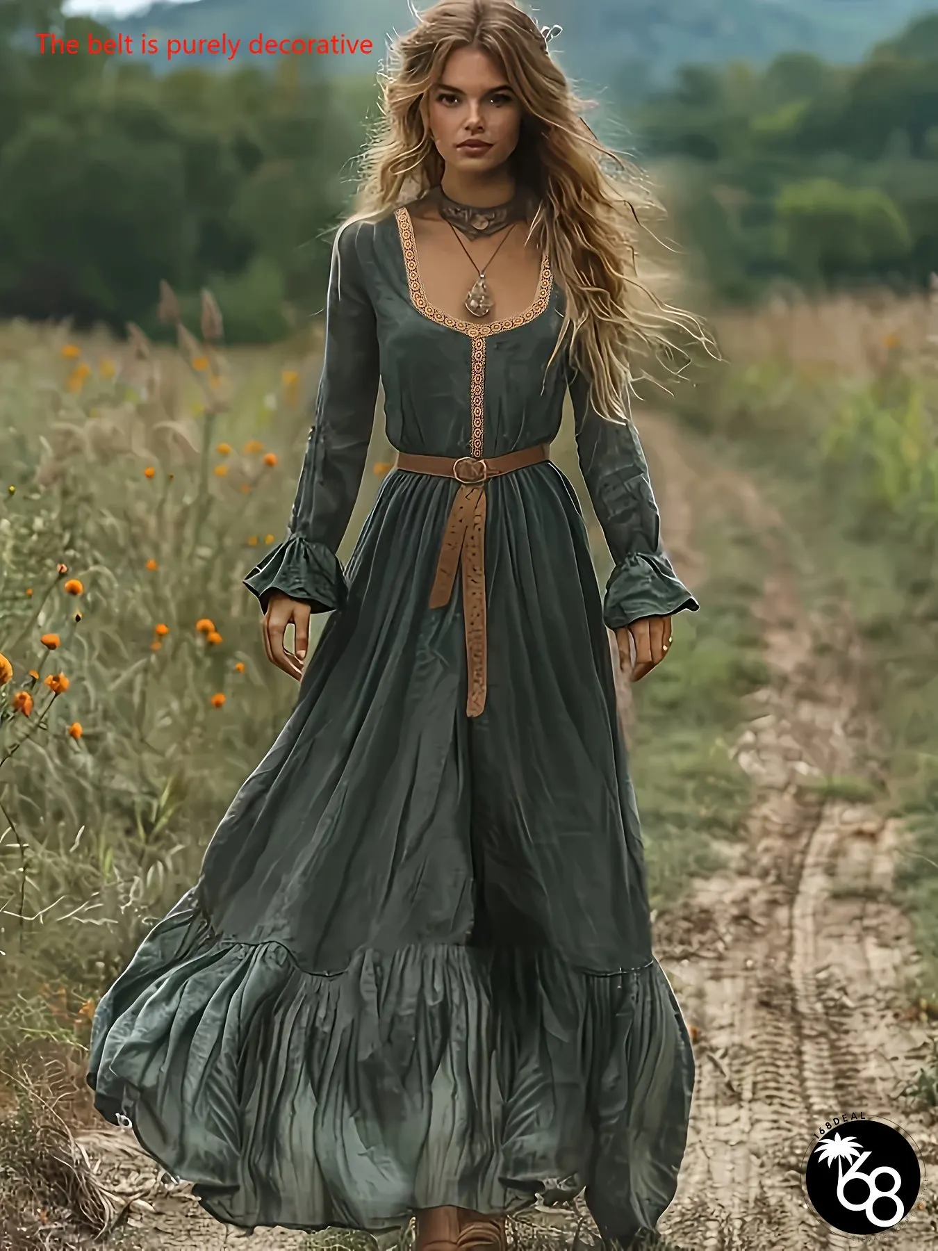 Womens Vintage Maxi Dress with Ruffled Sleeves Tiered Skirt Olive Green Lightweight | 168DEAL