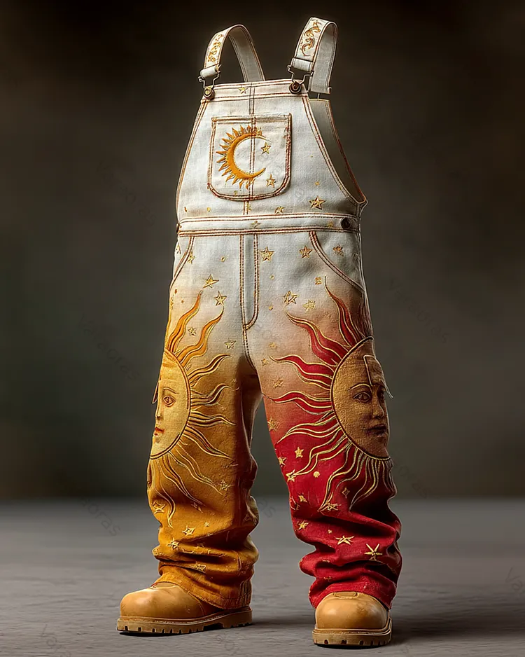 Men's Summer Star and Moon Embroidered Gradient Overalls 7564