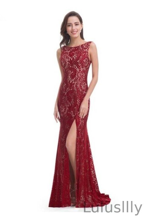 Chic Lace Mermaid Prom Dress Long Sleeveless Evening Gowns With Split - lulusllly