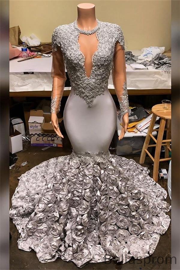 Bellasprom Mermaid Prom Dress Lace Appliques With Flowers Bottom Long Sleeves Bellasprom
