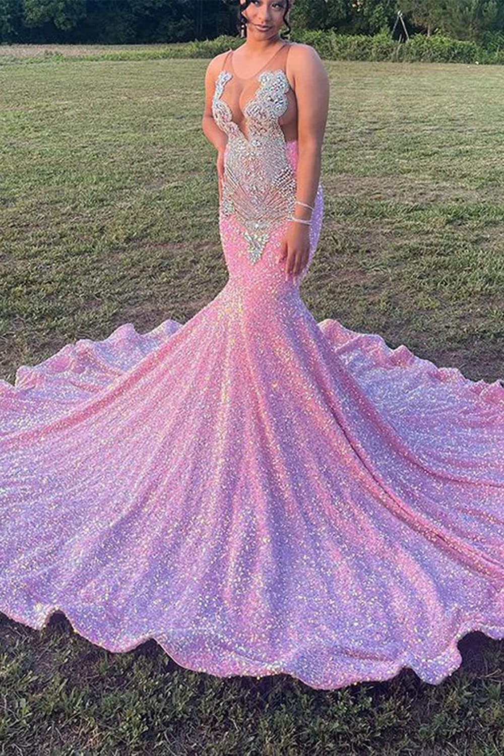 Dresseswow Pink Sequins Prom Dress Mermaid Sleeveless With Crystal