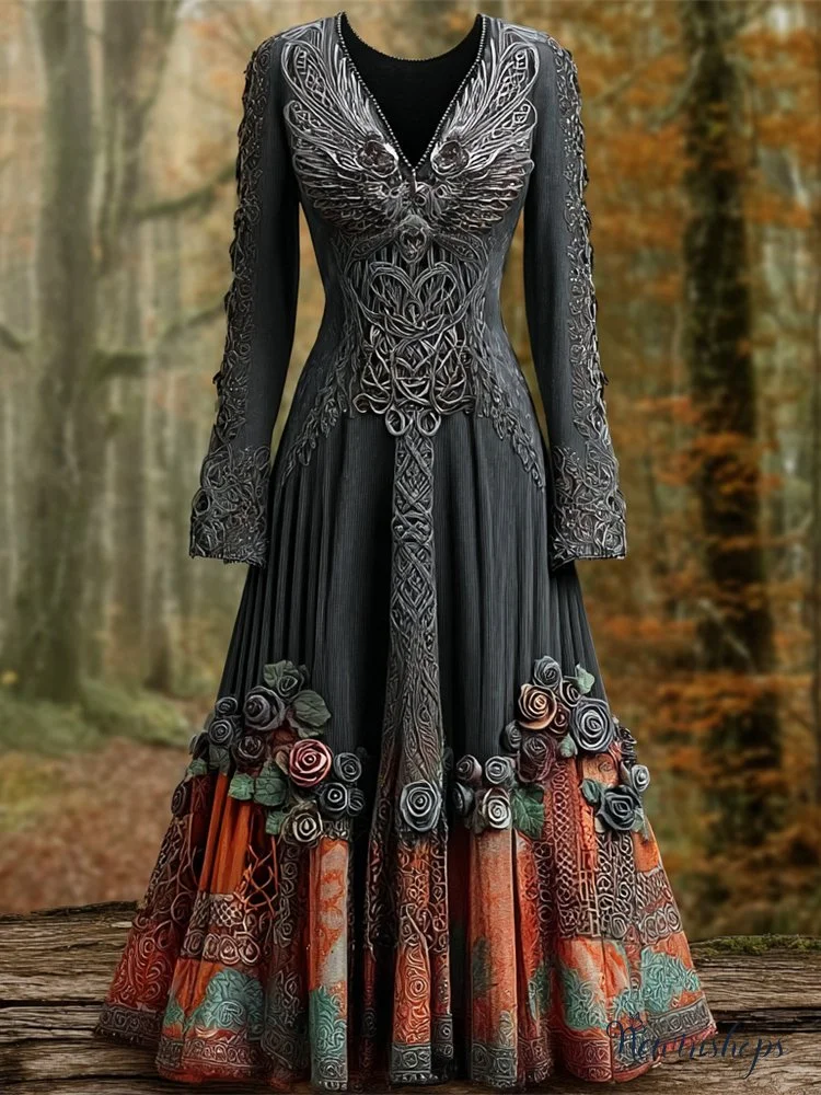 Halloween Raven & Celtic Knot Art Women's V-neck Long-sleeve Maxi Dress