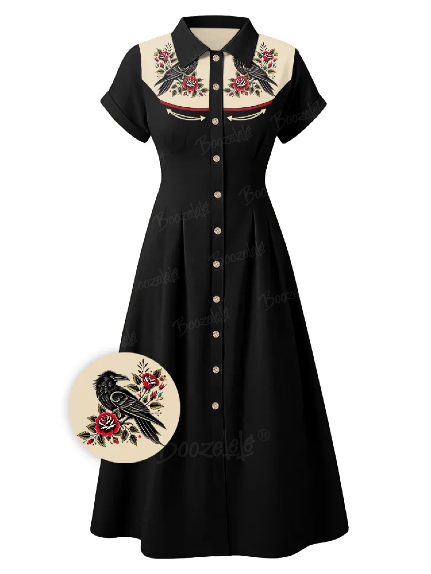 Women'S Black And Red Crow Flower Pattern Dress - 100% Cotton Maxi Dress