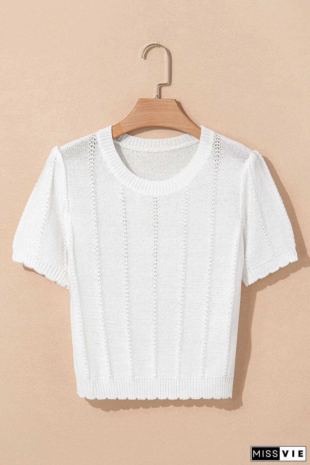 Pointelle Knit Short Puff Sleeve Crewneck Sweater