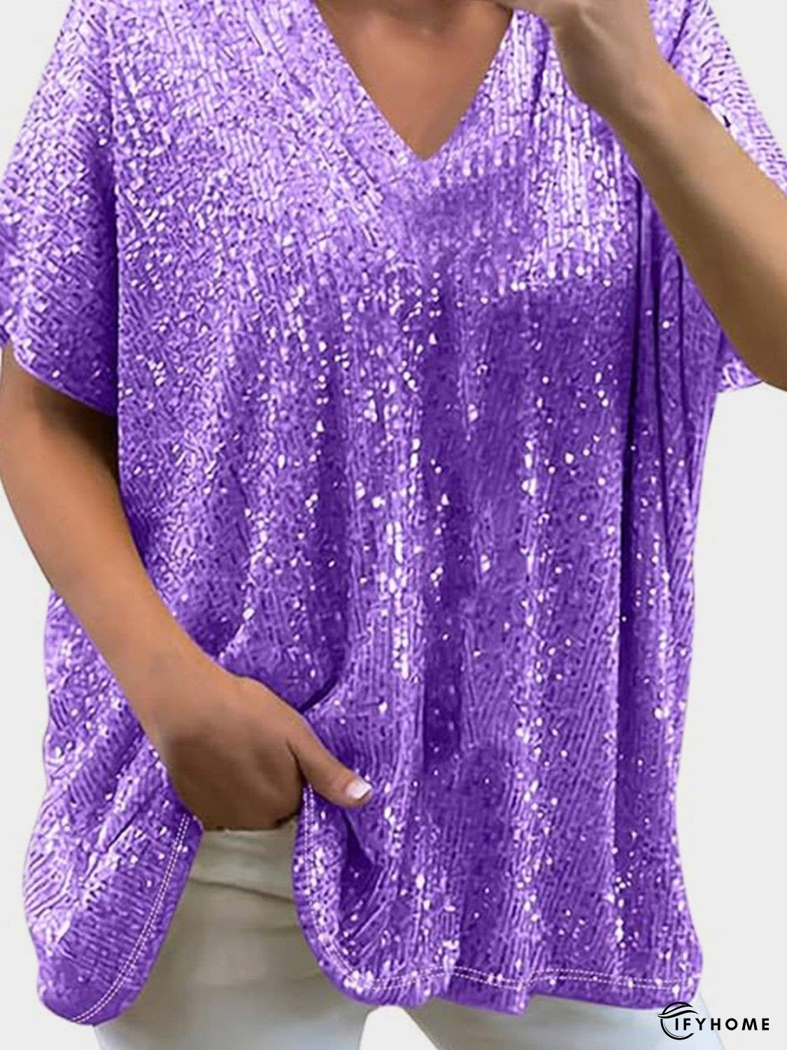 Full Size Sequin V-Neck Short Sleeve Top | IFYHOME