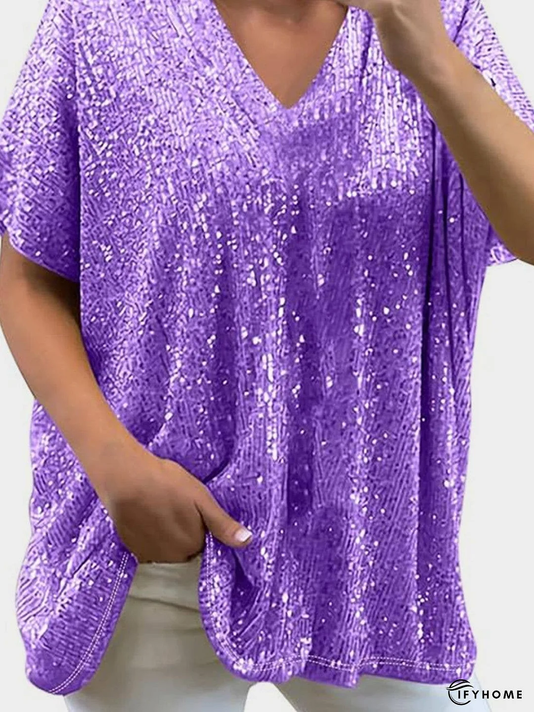 Full Size Sequin V-Neck Short Sleeve Top | IFYHOME