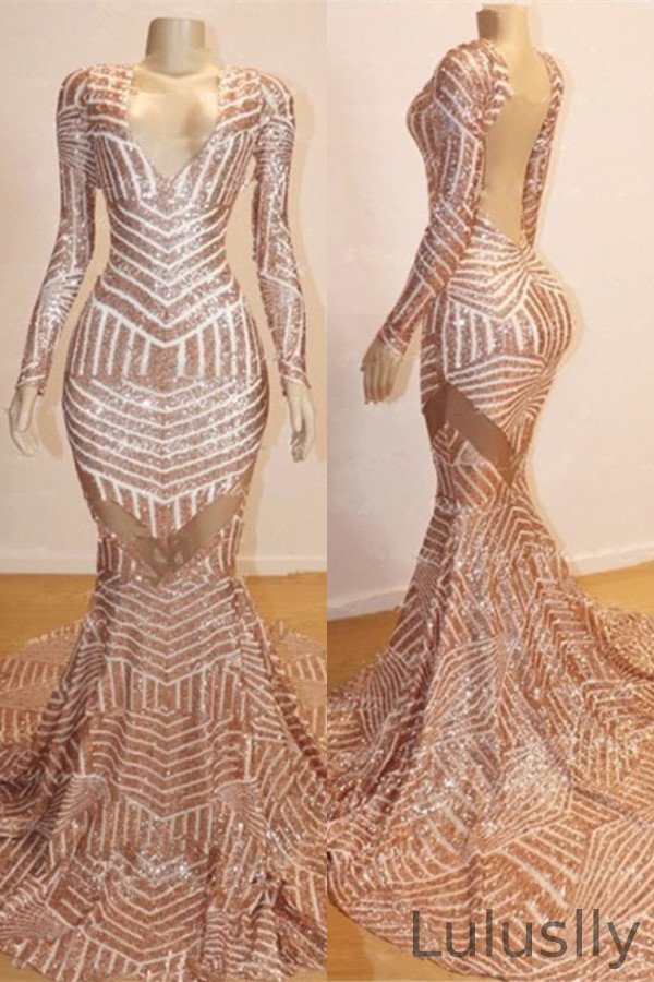 Luluslly Long Sleeves Mermaid Prom Dress Sequins Backless