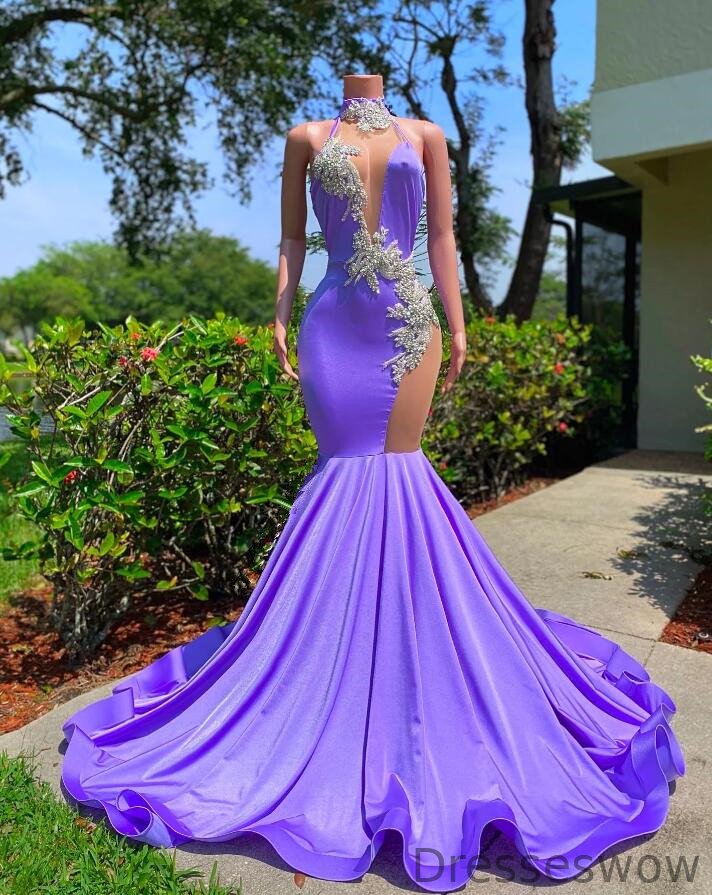Dresseswow Lilac High Neck Prom Dress Mermaid Sleeveless Long With Beads