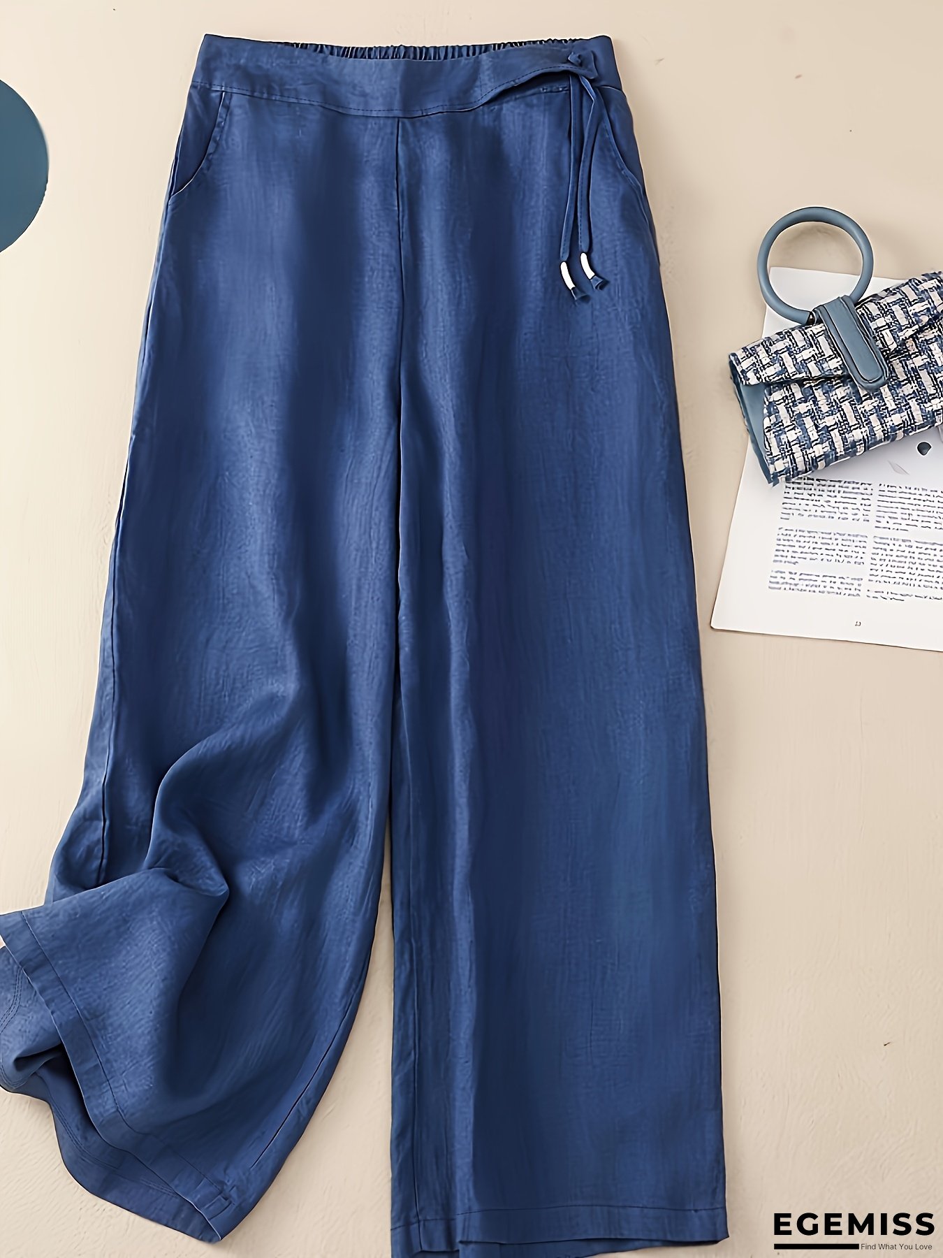 Women&lsquo;s High-Waisted Wide-Leg Pants - Solid Color, Loose Fit, Casual Straight-Leg Nine-Tenths Length, Lightweight Polyester Blend for Spring/Summer/Fall, High Waisted Leggings | EGEMISS