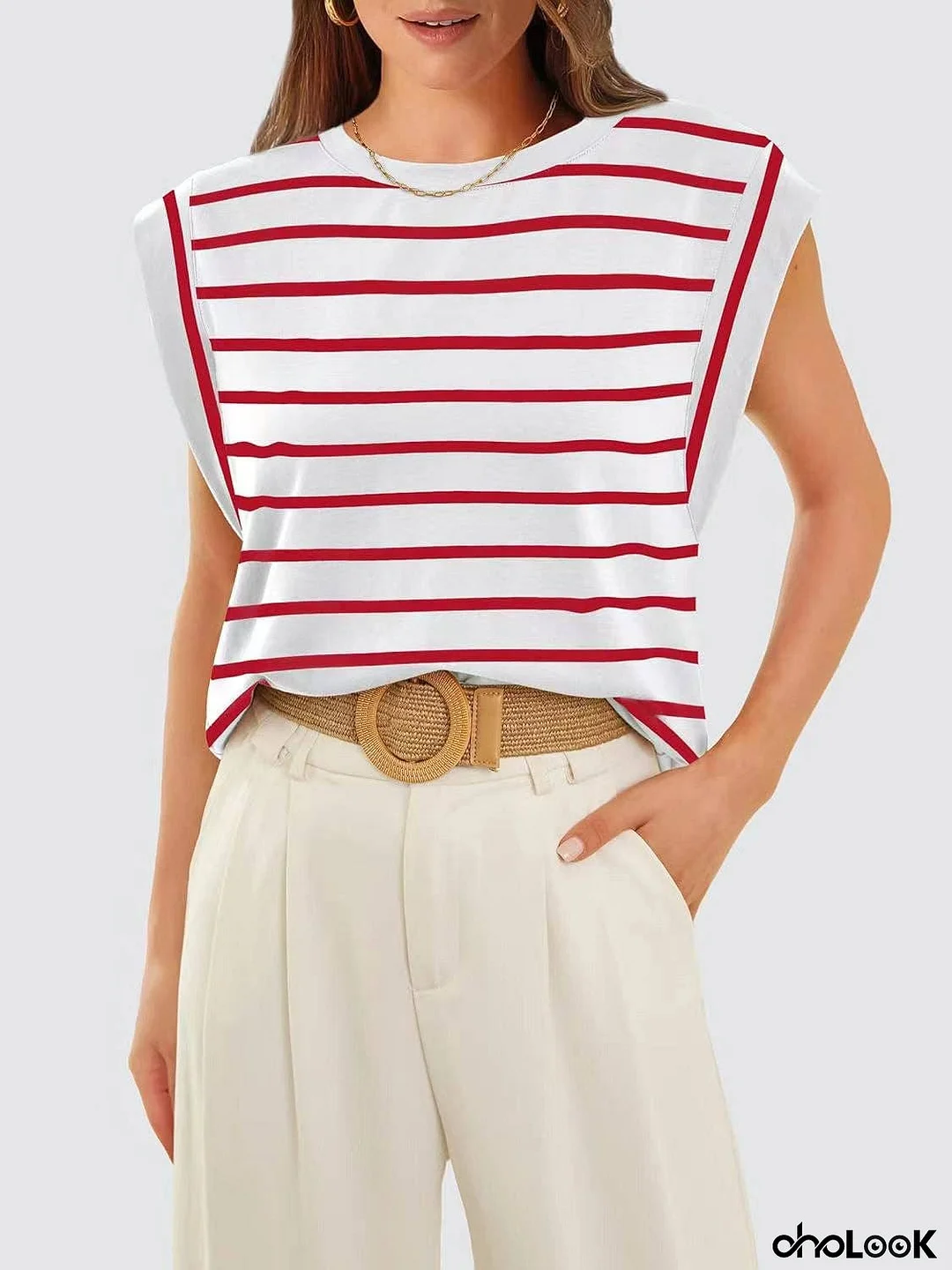 Striped Round Neck Cap Sleeve T-Shirt