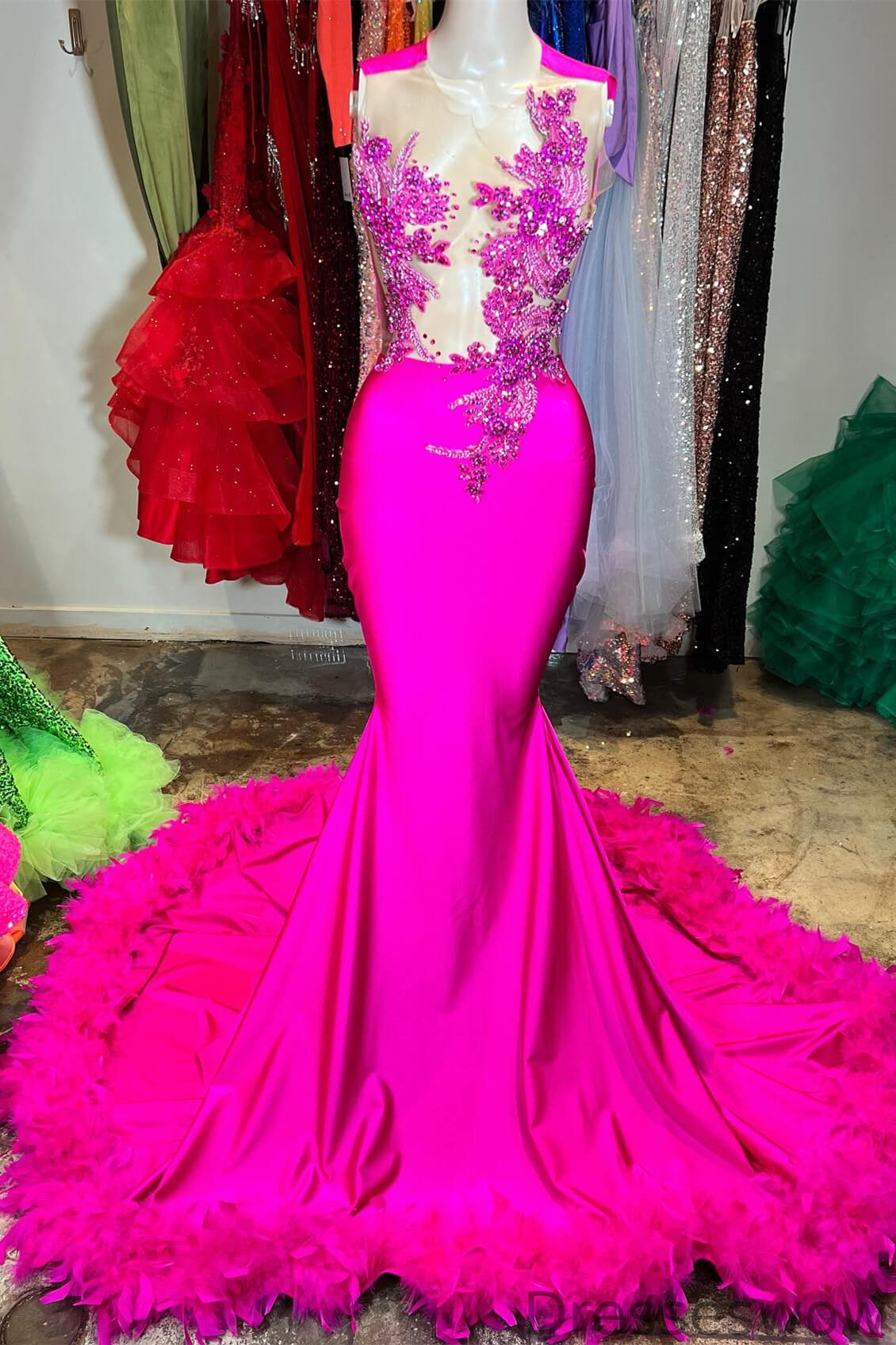 Dresseswow Fuchsia Scoop Sleeveless Mermaid Ball Dress With Beadings Feathers