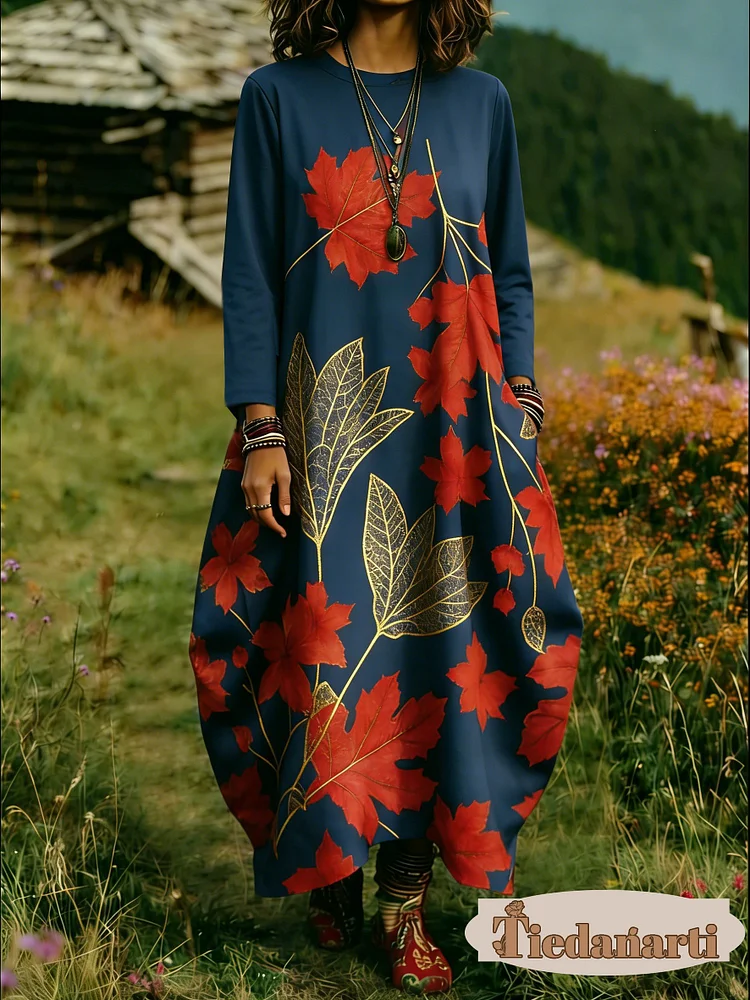 Women's Floral Print Crew Neck Long Sleeve Cotton Pocket Dress