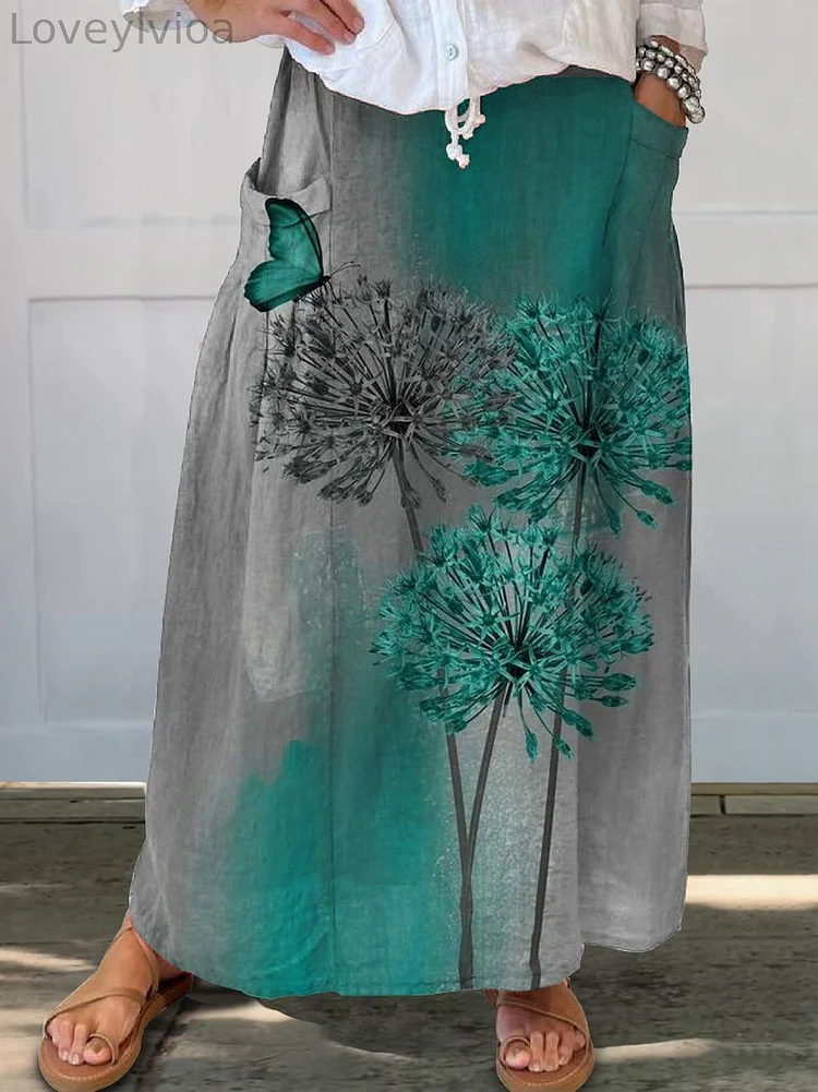 Elegant Dandelion Butterfly Print Women's Linen Pocket Skirt