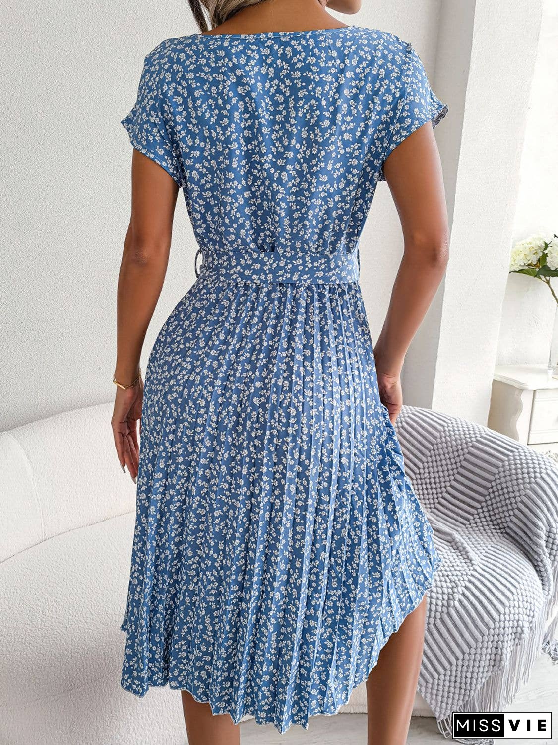 Ditsy Floral Pleated Belted Dress