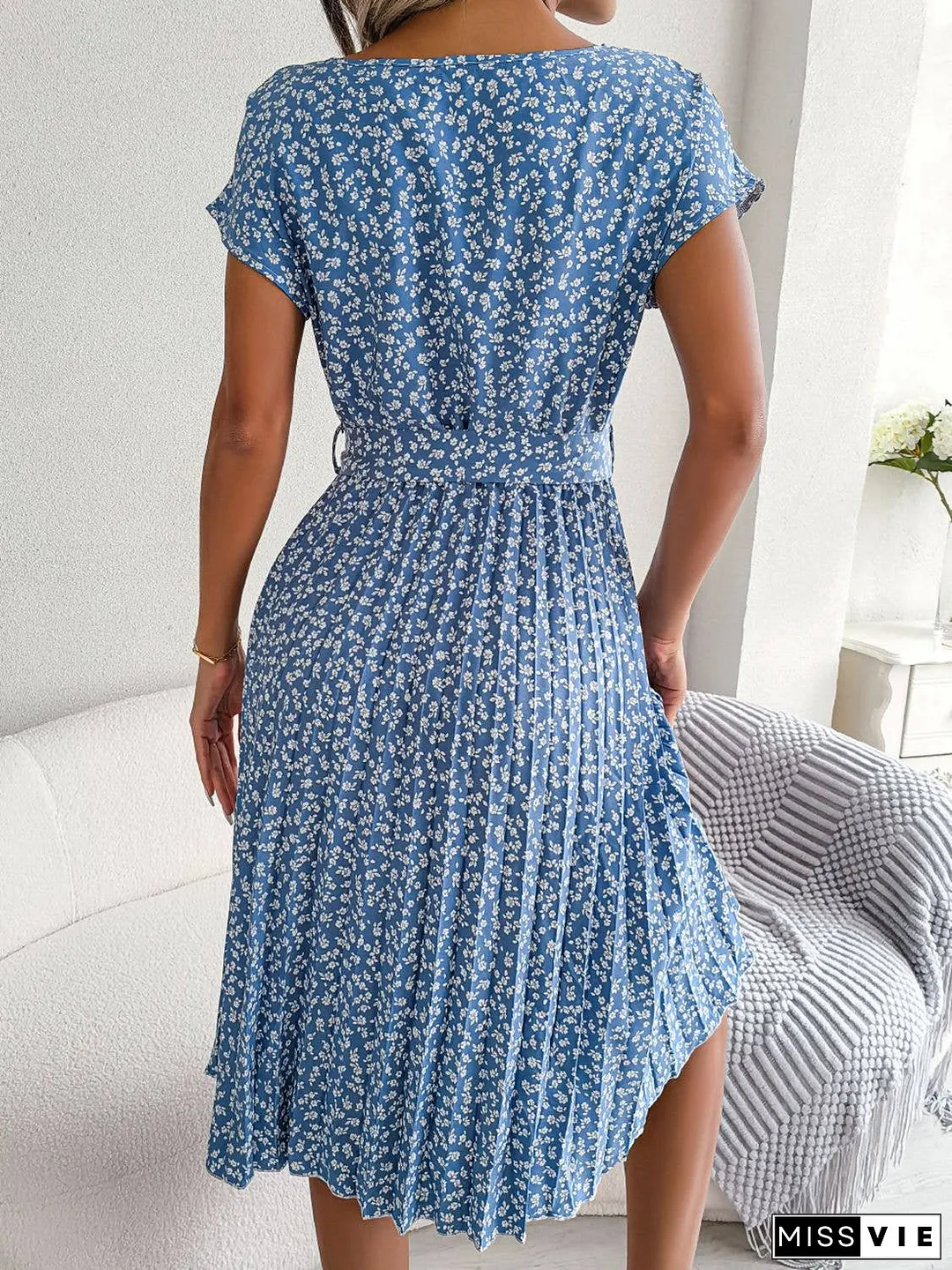 Ditsy Floral Pleated Belted Dress